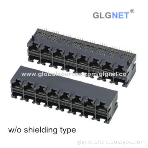 RoHS Directive-compliant RJ45 Connector, 2x8-Port, with or w/o Shielding, R/A